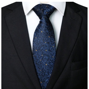 Set pentru barbati cu imprimeu floral, material satinat, include cravata, clema, batista, butoni si ac de rever, albastru cu insertii galbene - Img 4