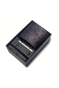 Set pentru barbati, include cravata, batista de buzunar, butoni, clema de cravata in design clasic, culoarea indigo cu insertii de maro si albastru, The Casius.®