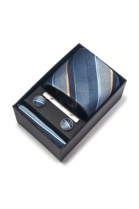 Set pentru barbati, include cravata, batista de buzunar, butoni, clema de cravata in design clasic, culoarea gri albastru, The Casius.® - Img 2
