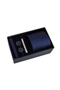 Set pentru barbati, include cravata, batista de buzunar, butoni, clema de cravata in design clasic, culoarea albastru bleumarin, theCasius.® - Img 2