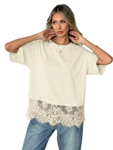 Tricou dama lejer cu maneca scurta, guler rotund si tiv din dantela, casual elegant