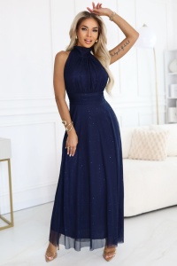 VERONICA Rochie lungă luxoasă cu accent de brocart și o croială elegantă - bleumarin