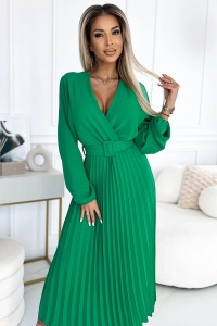 VIVIANA Rochie midi plisată cu decolteu, mânecă lungă și cordon lat - VERDE DESCHIS - Img 2