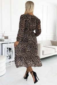 WILD Rochie lungă din șifon cu decolteu, volan și curea - leopard - Img 3