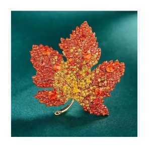Brosa eleganta in forma de frunze de artar, decorata cu pietre, accesoriu rafinat, 4 x 5 cm, culoarea rosie - Img 6