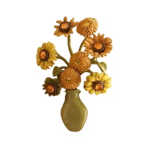 Brosa vintage emailata, model vaza cu floarea-soarelui dupa Van Gogh, 6 x 4.5 cm