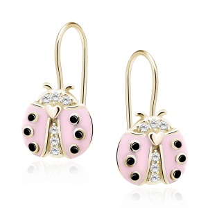 Cercei pentru copii cu tortita clasica din argint 925 placati cu aur 14K, buburuze roz cu zirconii, 8 x 8 mm
