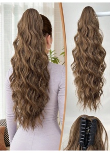 Coada de par extensie ponytail, par ondulat, cu sistem de prindere tip cleste, 61 cm, culoarea maro - Img 5