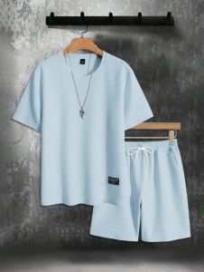 Compleu de tricou si pantaloni scurti pentru barbati, material texturat, culoarea bleu - Img 2