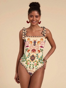 Costum de baie intreg pentru femei, design Chic, culoarea bej - Img 3