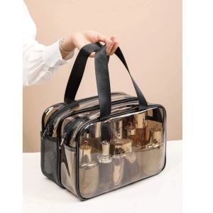 Geanta pentru cosmetice cu doua compartimente de capacitate mare, 30.5 cm, culoarea negru fumuriu transparent - Img 5