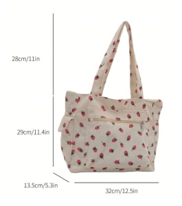 Geanta tote cu fermoar, material textura raiata, model Capsuni, 33.5x9.5x31x23.5 cm, culoarea alb - Img 3