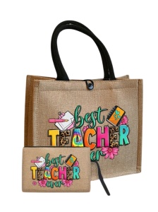 Geanta tote din in cu portofel, model Best Teacher, 31x34x14cm, bej
