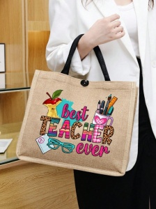 Geanta tote din material de in cu portofel, model Best Teacher Ever, 34 x 14 x 31 cm, bej - Img 4