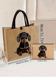 Geanta tote din material de in cu portofel, model Catel, 30x34x11 cm, bej - Img 6