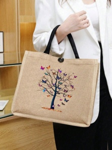 Geanta tote din material de in cu portofel, model Copac cu fluturi, 31 x 35 x 13.5 cm, culoarea bej - Img 2