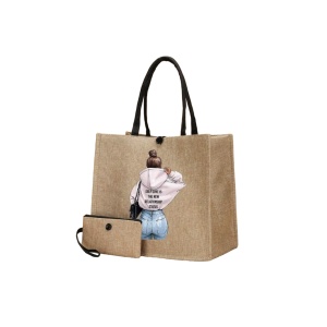 Geanta tote din material de in cu portofel, model Fata cu hanorac alb, 34x31x15x15 cm, culoarea bej