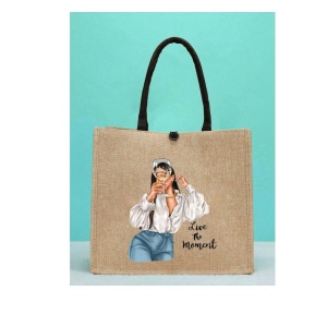 Geanta tote din material de in cu portofel, model Fata cu pahar, 34x31x15x15 cm, culoarea bej - Img 5