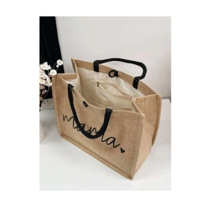 Geanta tote din material de in cu portofel, model Mama, 30x34x15x14 cm, culoarea bej - Img 5