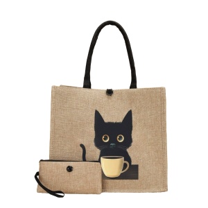 Geanta tote din material de in cu portofel, model Pisica neagra cu ceasca de cafea, 30x34x15x14 cm, culoarea bej