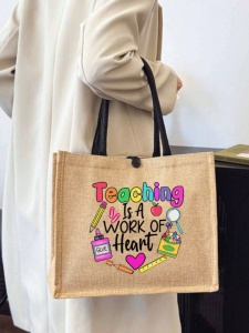 Geanta tote din material de in cu portofel, model Teaching, potrivita pentru invatatoare, 31 x 34 cm, culoarea bej - Img 3