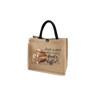 Geanta tote din material de in, model Books and Coffee, 31 x 35 x 13.5 cm, culoarea bej