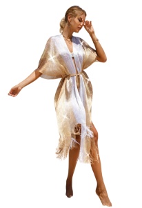 Kimono de plaja cu franjuri si cordon in talie, culoarea auriu si alb, marime universala - Img 5