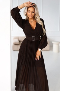KLARA Rochie midi elegantă, plisată, cu curea și decolteu - ciocolatiu
