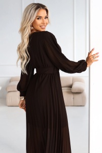 KLARA Rochie midi elegantă, plisată, cu curea și decolteu - ciocolatiu - Img 4