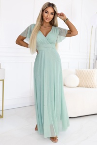 MELANIA Rochie lungă lucioasă cu decolteu și mânecă scurtă - verde fistic