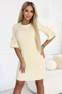 NEVA Rochie feminină trapez cu șireturi la mâneci - galben pastel