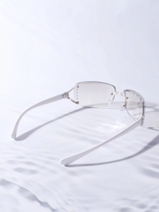 Ochelari de soare dama, rama patrata Y2K, lentile oglinda argintie transparente, cu strasuri, stil fashion sport - Img 4