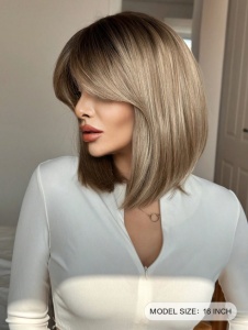 Peruca bob cu breton, lungime 40 cm, culoarea saten blond cu radacinile inchise - Img 4