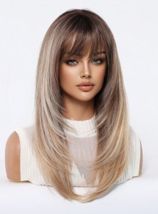 Peruca par lung tuns in stil fluture, breton, culoarea blond saten suvitat, radacini inchise, lungime 55 cm - Img 5
