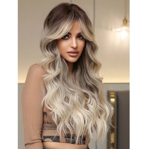 Peruca pentru femei cu par lung ondulat, breton, culoarea blond cenusiu balayage, 65 cm - Img 6