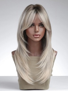Peruca pentru femei, par lung tuns in scari, cu breton, culoarea blond cenusiu, lungime 45 cm, theCasius.® - Img 4