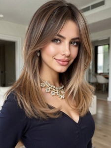 Peruca pentru femei, par lungime medie, cu breton, culoarea saten ombre deschis, lungime 45 cm - Img 6