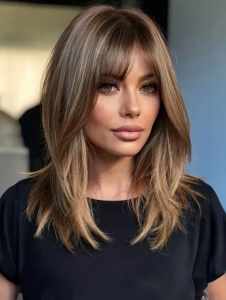 Peruca pentru femei, par mediu drept, cu breton, imita parul natural, 50 cm, culoarea saten suvitat - Img 6