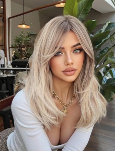 Peruca pentru femei, par scurt bob, cu breton, imita parul natural, culoarea blond auriu cu radacina inchisa, lungime 40 cm - Img 3