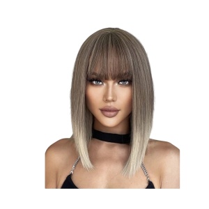 Peruca pentru femei, par scurt drept, cu breton, imita parul natural, culoarea blond ombre, lungime 36 cm