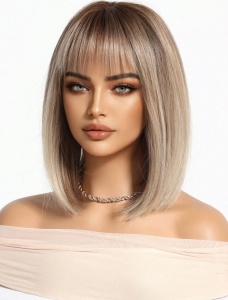 Peruca pentru femei, tunsoare par scurt bob, cu breton, lungime 30.5 cm, culoarea blond cenusiu cu radacini inchise - Img 4