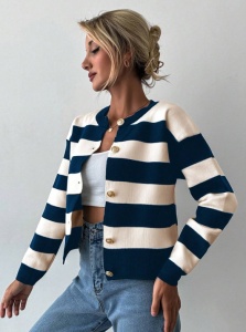 Pulover casual pentru dama cu nasturi, model cu dungi, marime universala, culoarea alb cu bleumarin - Img 2
