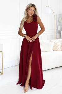 Rochie de seară maxi elegantă cu șliț și trandafiri - bordo