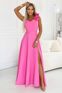 Rochie maxi de seară elegantă cu crestătură și trandafiri - roz bomboană