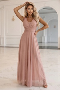 Rochie maxi lungă cu accent brocat și decolteu adânc - roz pudră