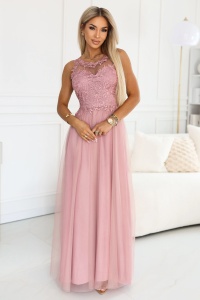 Rochie maxi romantică pentru nuntă cu dantelă brodată și tul - roz pudrat