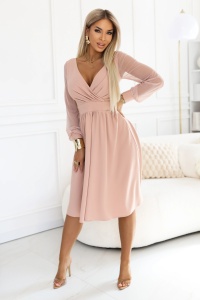 Rochie midi eleganta cu decolteu petrecut si maneci din tul - bej - Img 2