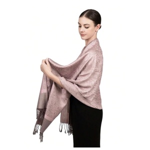 Sal subtire pentru dama din materiale premium, bordura cu franjuri, culoarea roz gri - Img 5