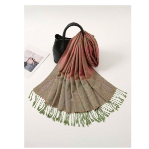 Sal subtire pentru dama din materiale premium, bordura cu franjuri, culoarea verde si roz, The Casius.® - Img 4