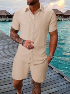 Set casual compus din camasa cu maneca scurta si pantaloni scurti cu snur pentru barbati, culoarea bej - Img 4
